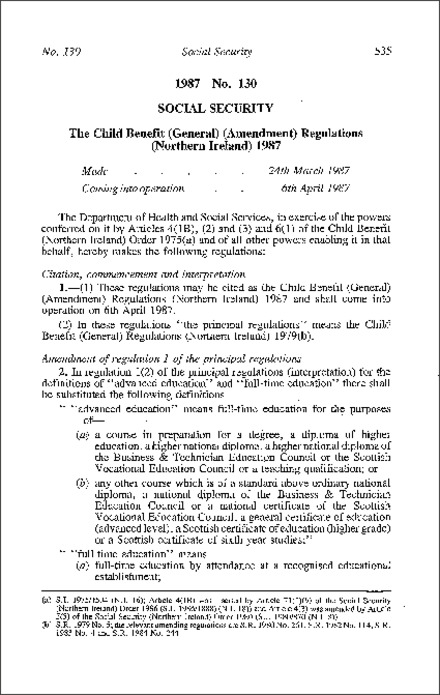 The Child Benefit (General) (Amendment) Regulations (Northern Ireland) 1987
