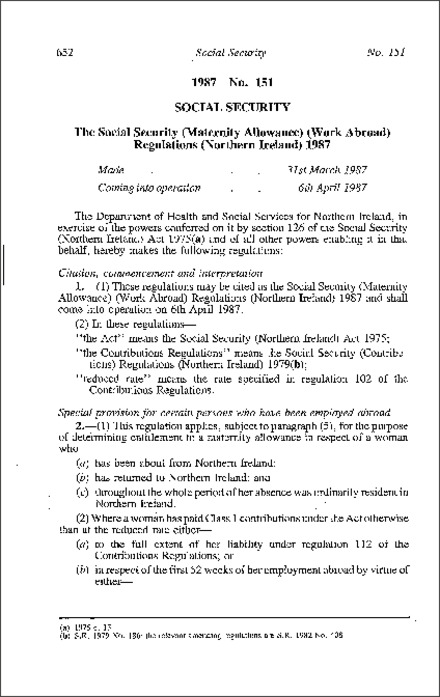 The Social Security (Maternity Allowance) (Work Abroad) Regulations (Northern Ireland) 1987