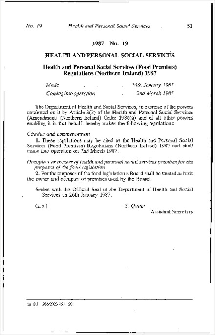 The Health and Personal Social Services (Food Premises) Regulations (Northern Ireland) 1987