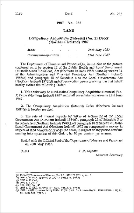 The Compulsory Acquisition (Interest) (No. 2) Order (Northern Ireland) 1987