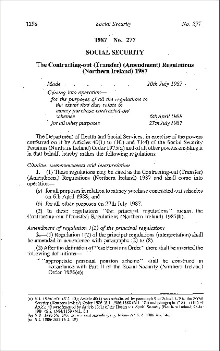 The Contracting-out (Transfer) (Amendment) Regulations (Northern Ireland) 1987