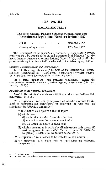 The Occupational Pension Schemes (Contracting-out) (Amendment) Regulations (Northern Ireland) 1987