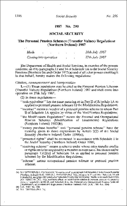 The Personal Pension Schemes (Transfer Values) Regulations (Northern Ireland) 1987