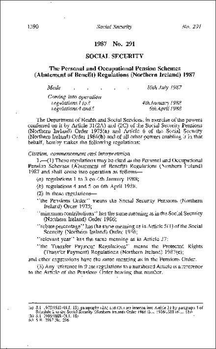 The Personal and Occupational Pension Schemes (Abatement of Benefit) Regulations (Northern Ireland) 1987