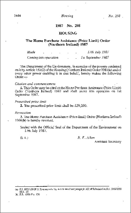 The Home Purchase Assistance (Price Limit) Order (Northern Ireland) 1987
