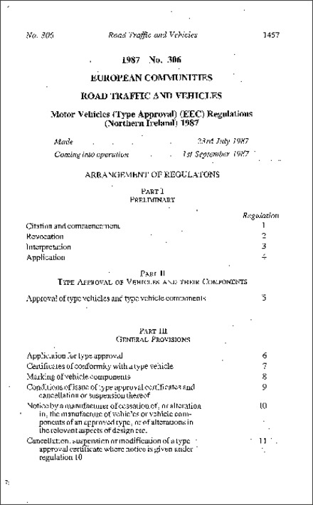 The Motor Vehicles (Type Approval) (EEC) Regulations (Northern Ireland) 1987