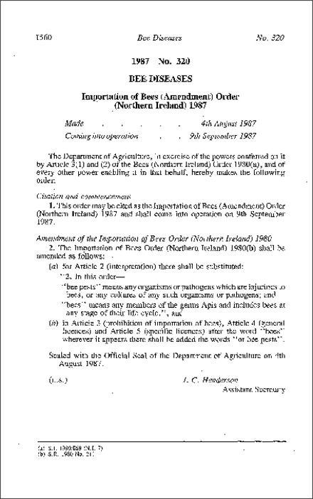 The Importation of Bees (Amendment) Order (Northern Ireland) 1987