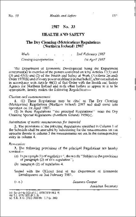 The Dry Cleaning (Metrication) Regulations (Northern Ireland) 1987