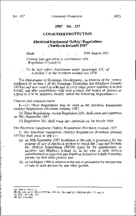 The Electrical Equipment (Safety) Regulations (Northern Ireland) 1987
