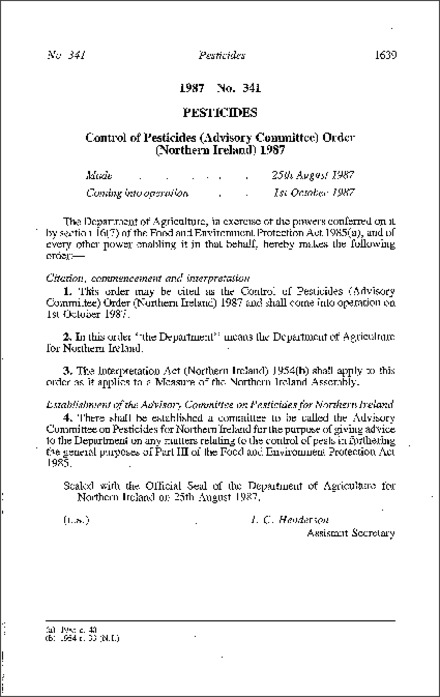 The Control of Pesticides (Advisory Committee) Order (Northern Ireland) 1987