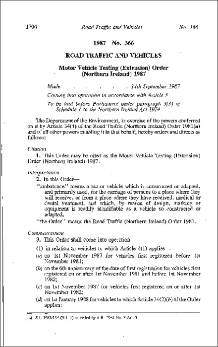 The Motor Vehicles Testing (Extension) Order (Northern Ireland) 1987