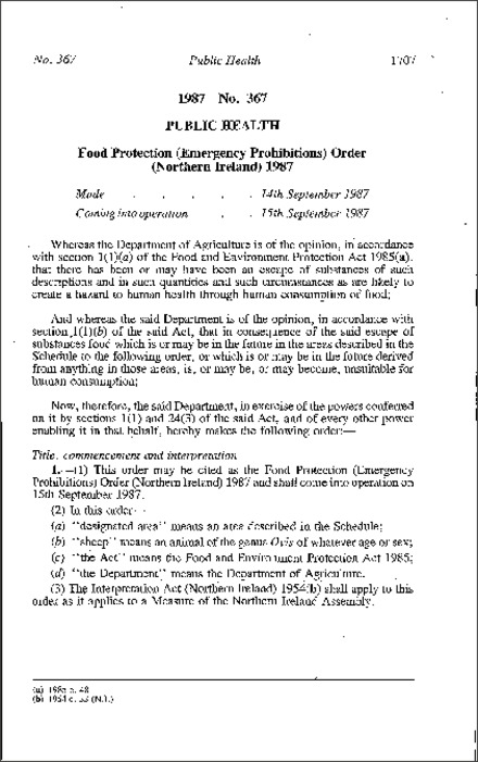 The Food Protection (Emergency Prohibitions) Order (Northern Ireland) 1987