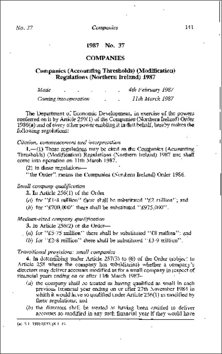 The Companies (Accounting Thresholds) (Modification) Regulations (Northern Ireland) 1987