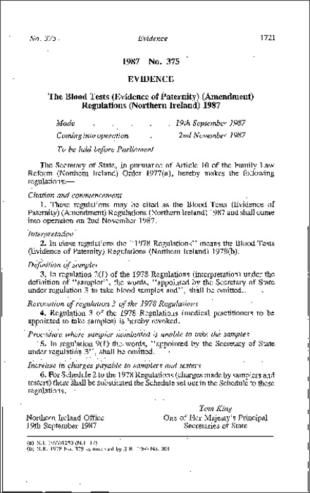 The Blood Tests (Evidence of Paternity) (Amendment) Regulations (Northern Ireland) 1987