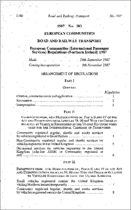 The European Communities (International Passengers Services) Regulations (Northern Ireland) 1987