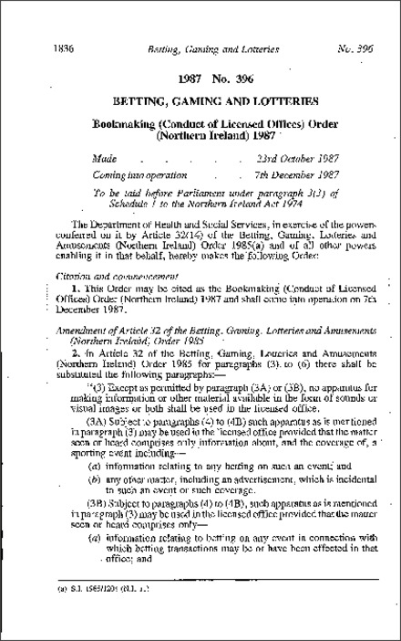 The Bookmaking (Conduct of Licensed Offices) Order (Northern Ireland) 1987