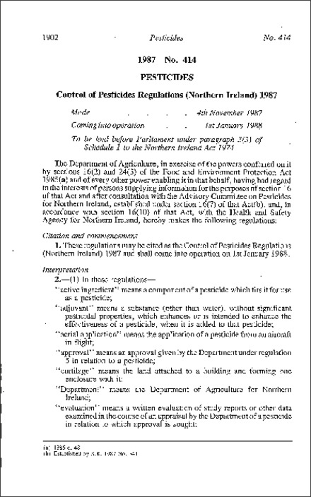 The Control of Pesticides Regulations (Northern Ireland) 1987