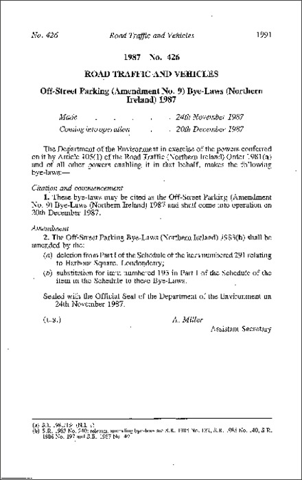 The Off-Street Parking (Amendment No. 9) Bye-Laws (Northern Ireland) 1987