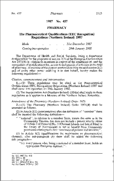 The Pharmaceutical Qualifications (EEC Recognition) Regulations (Northern Ireland) 1987