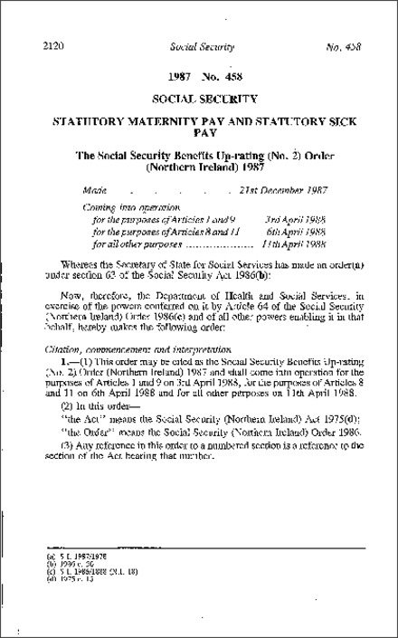 The Social Security Benefits Up-rating (No. 2) Order (Northern Ireland) 1987