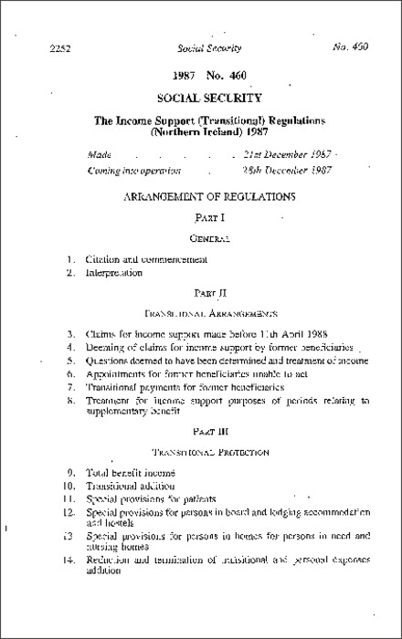 The Income Support (Transitional) Regulations (Northern Ireland) 1987