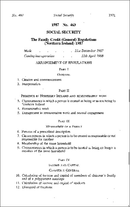 The Family Credit (General) Regulations (Northern Ireland) 1987