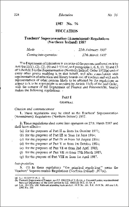 The Teachers' Supperannuation (Amendment) Regulations (Northern Ireland) 1987
