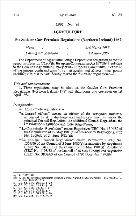 The Suckler Cow Premium Regulations (Northern Ireland) 1987