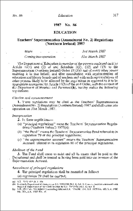 The Teachers' Supperannuation (Amendment No. 2) Regulations (Northern Ireland) 1987