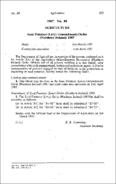 The Seed Potatoes (Levy) (Amendment) Order (Northern Ireland) 1987
