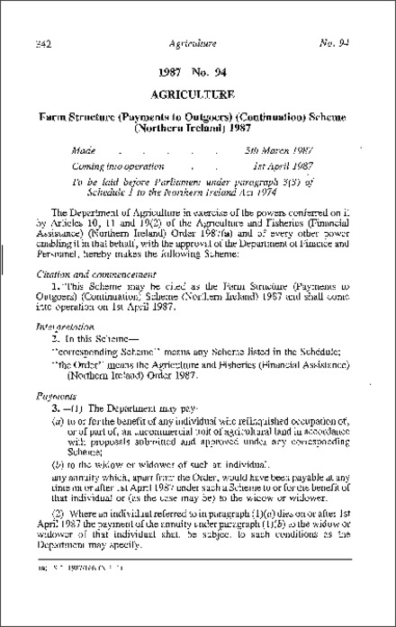 The Farm Structure (Payments to Outgoers) (Continuation) Scheme (Northern Ireland) 1987