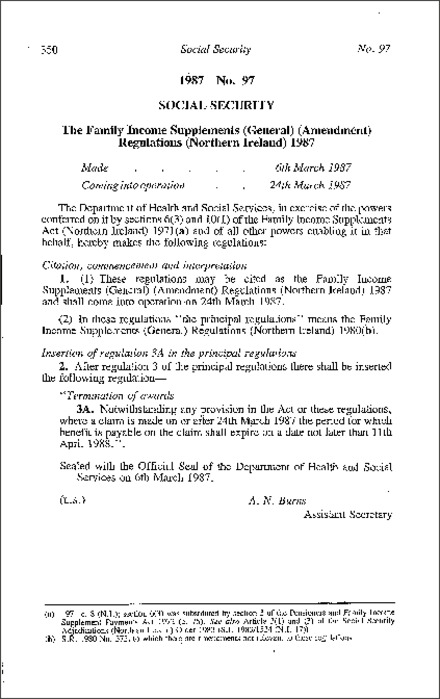The Family Income Supplements (General) (Amendment) Regulations (Northern Ireland) 1987