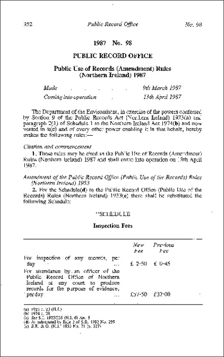 The Public Use of Records (Amendment) Rules (Northern Ireland) 1987