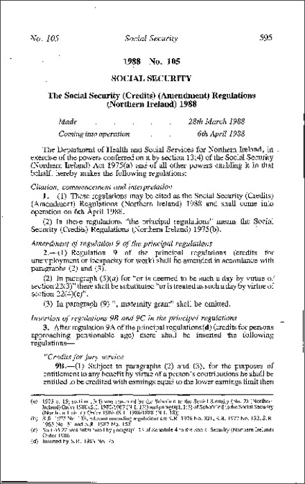 The Social Security (Credits) (Amendment) Regulations (Northern Ireland) 1988