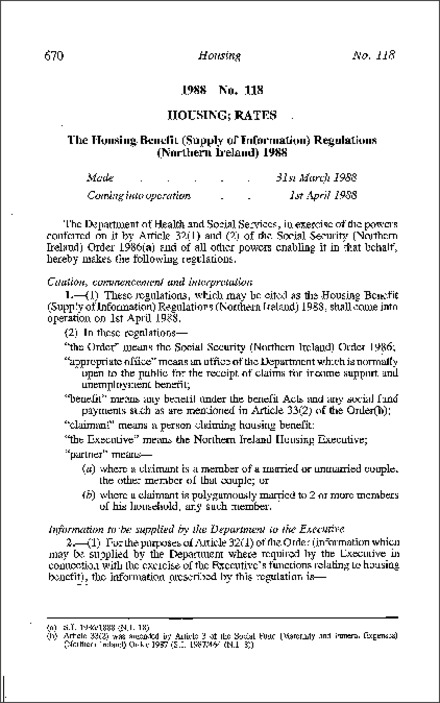 The Housing Benefit (Supply of Information) Regulations (Northern Ireland) 1988