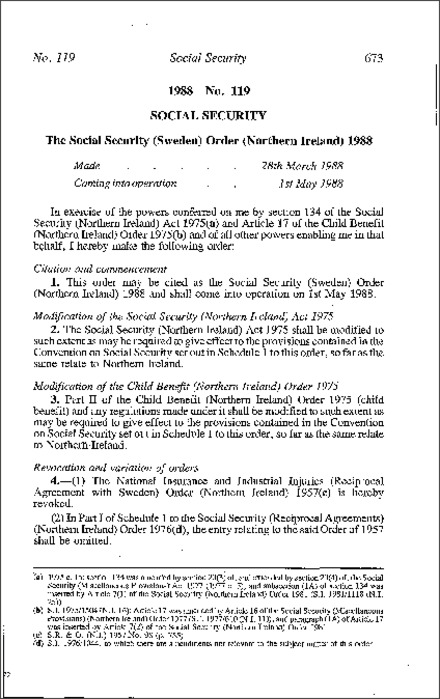 The Social Security (Sweden) Order (Northern Ireland) 1988