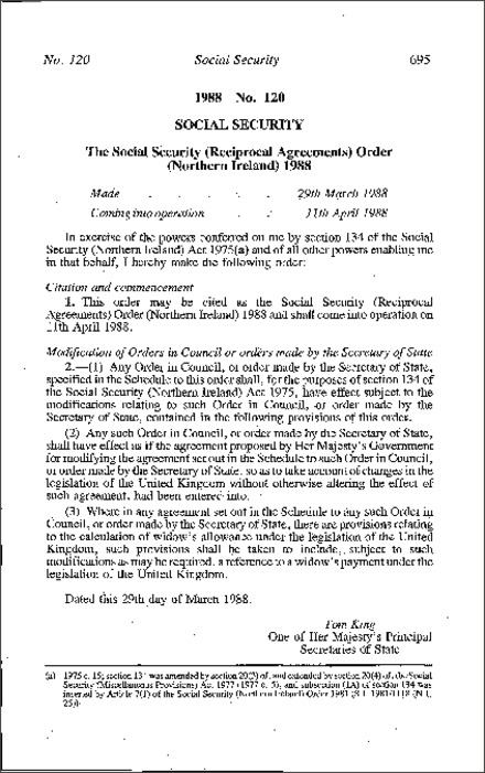 The Social Security (Reciprocal Agreements) Order (Northern Ireland) 1988