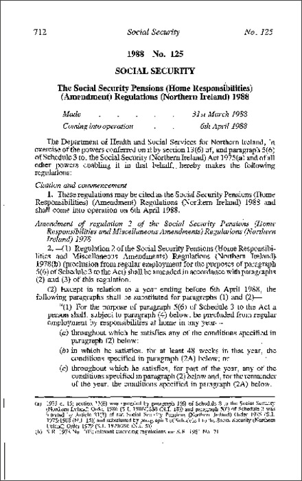 The Social Security Pensions (Home Responsibilities) (Amendment) Regulations (Northern Ireland) 1988