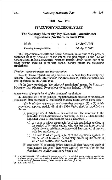 The Statutory Maternity Pay (General) (Amendment) Regulations (Northern Ireland) 1988