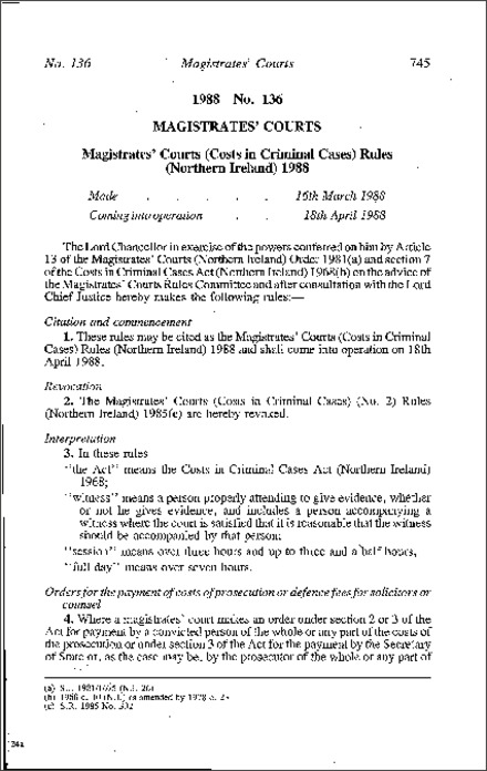 The Magistrates' Courts (Costs in Criminal Cases) Rules (Northern Ireland) 1988