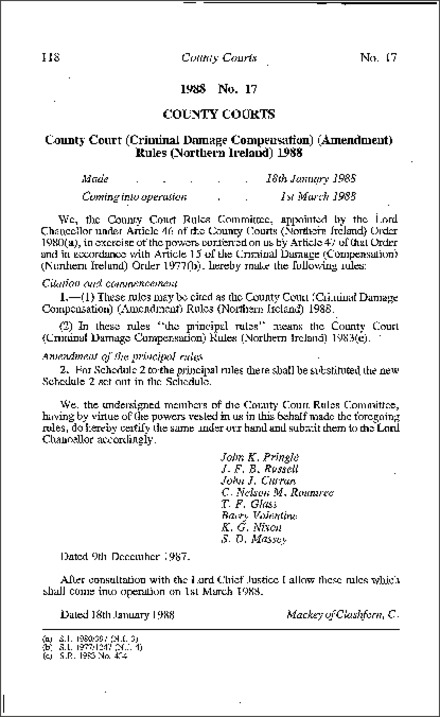 The County Court (Criminal Damage Compensation) (Amendment) Rules (Northern Ireland) 1988