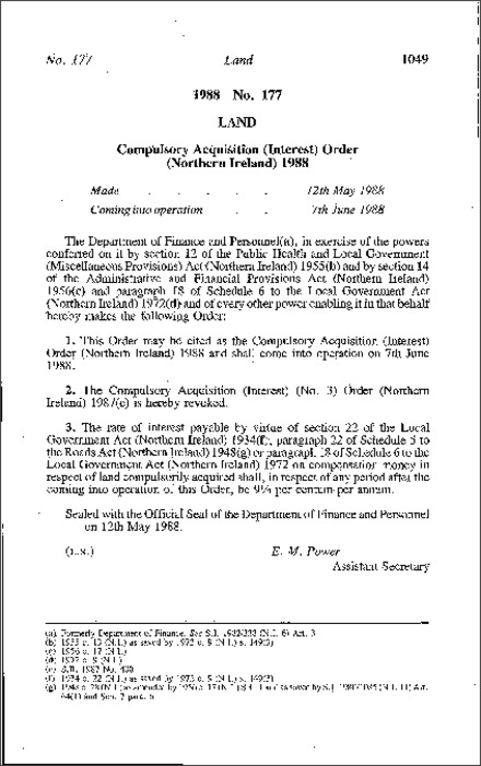 The Compulsory Acquisition (Interest) Order (Northern Ireland) 1988