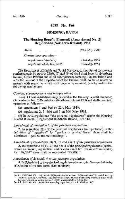 The Housing Benefit (General) (Amendment No. 2) Regulations (Northern Ireland) 1988