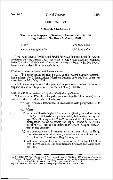 The Income Support (General) (Amendment No. 2) Regulations (Northern Ireland) 1988