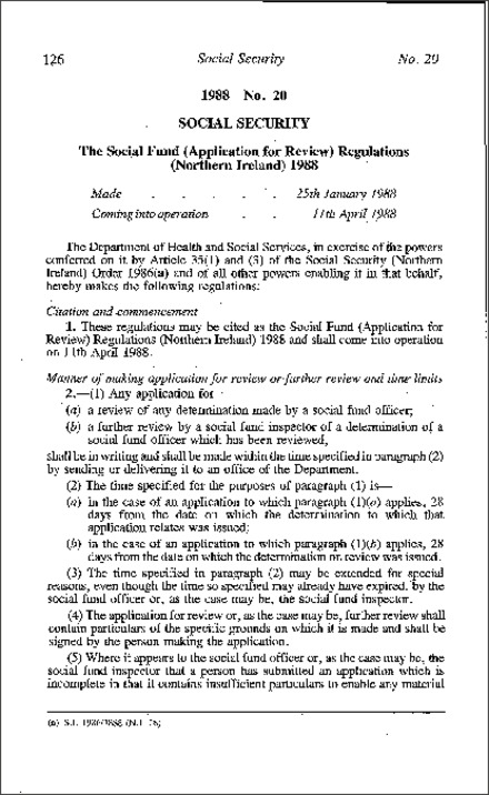 The Social Fund (Application for Review) Regulations (Northern Ireland) 1988