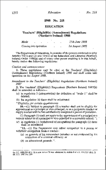 The Teachers (Eligibility) (Amendment) Regulations (Northern Ireland) 1988