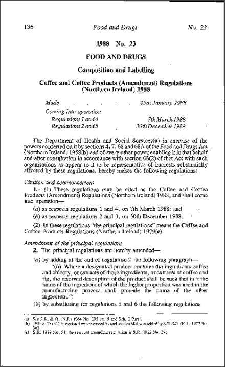 The Coffee and Coffee Products (Amendment) Regulations (NI) 1988