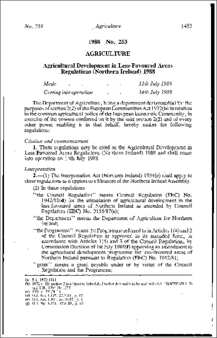 The Agricultural Development in Less-Favoured Areas Regulations (Northern Ireland) 1988