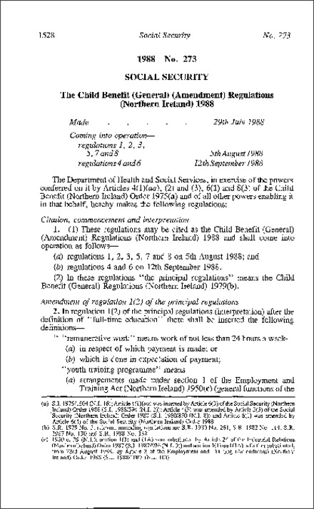 The Child Benefit (General) (Amendment) Regulations (Northern Ireland) 1988