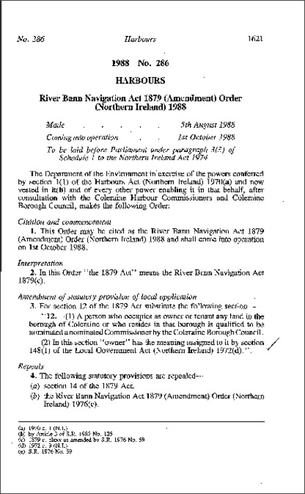 The River Bann Navigation Act 1879 (Amendment) Order (Northern Ireland) 1988